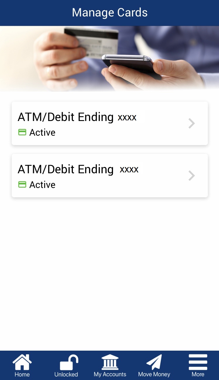 Image: screenshot of mobile app manage my cards feature