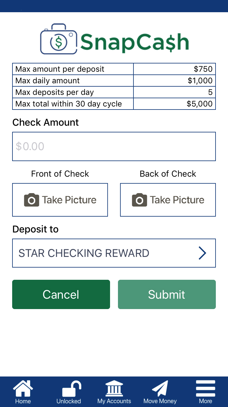 Image: screenshot of mobile app SnapCash remote deposit capture screen