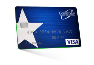 Image: a blue and green Visa Rewards Credit Card